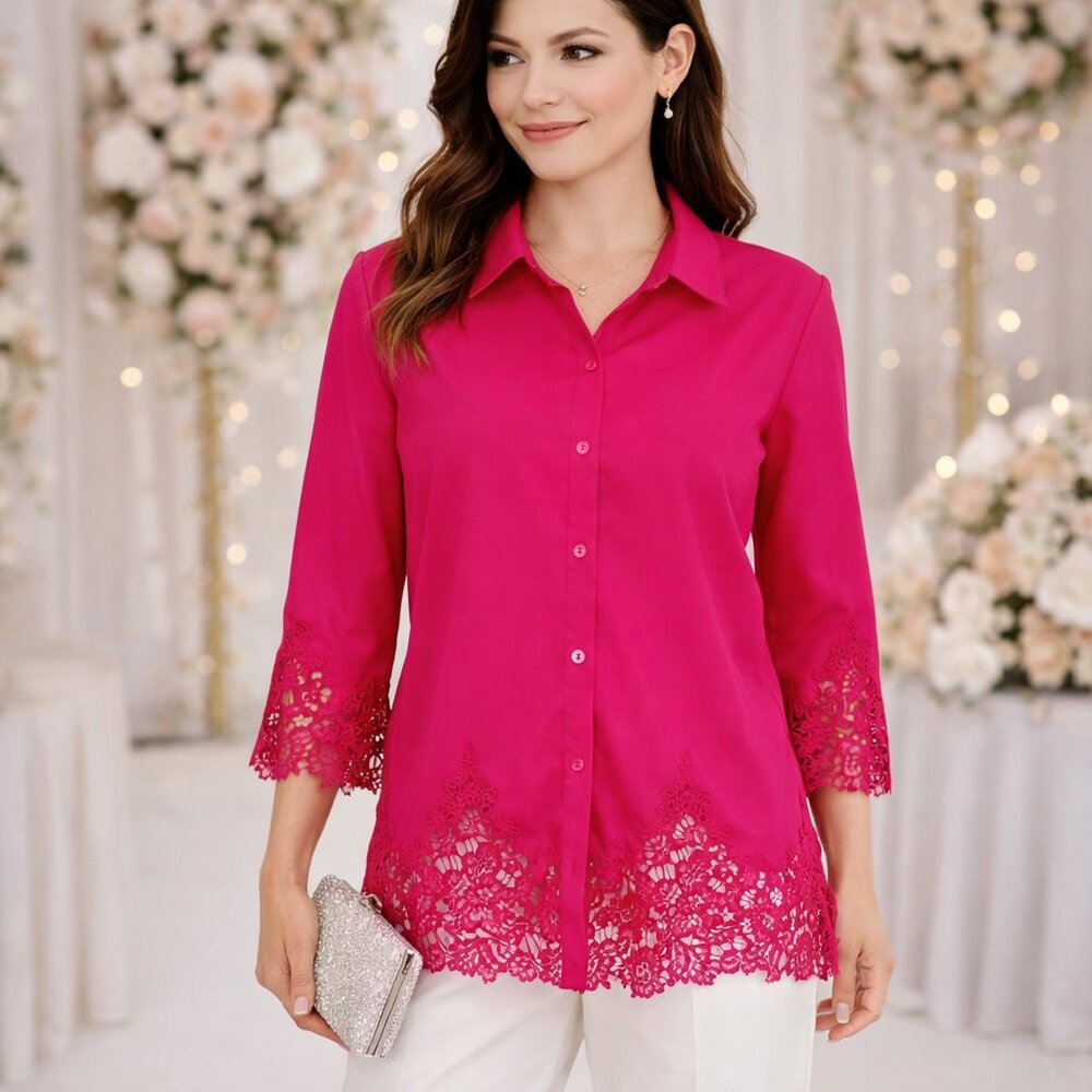 Raspberry Pink lace trim blouse S